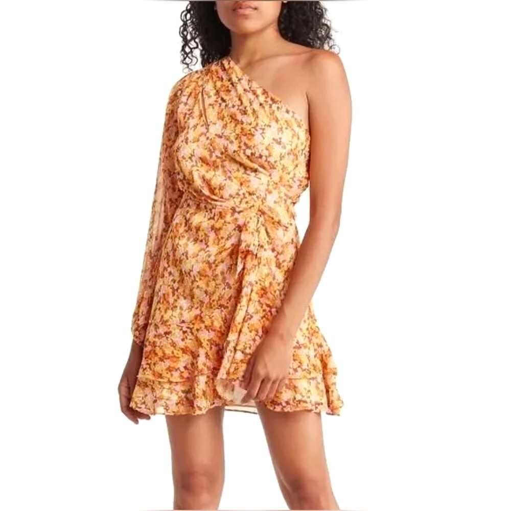 Lush Bohemian Floral Sheer One Shoulder Ruffle Zip Mini Cocktail Dress